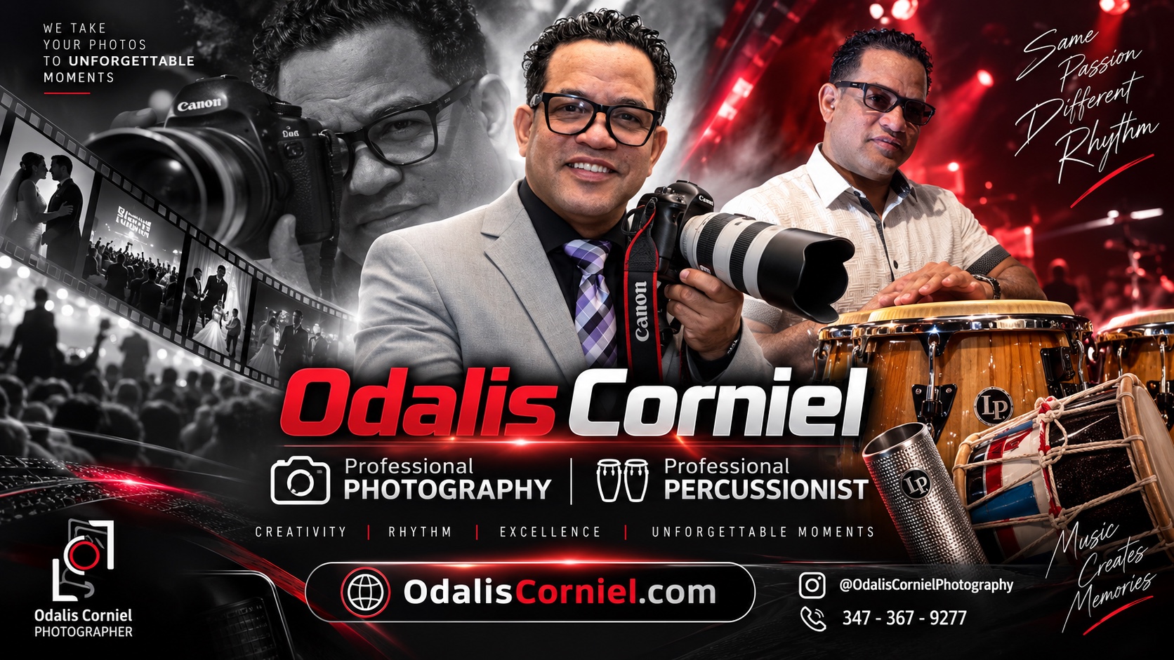 Odalis Corniel — Professional Photography & Professional Percussionist. Instagram @OdalisCornielPhotography, teléfono 347-367-9277.